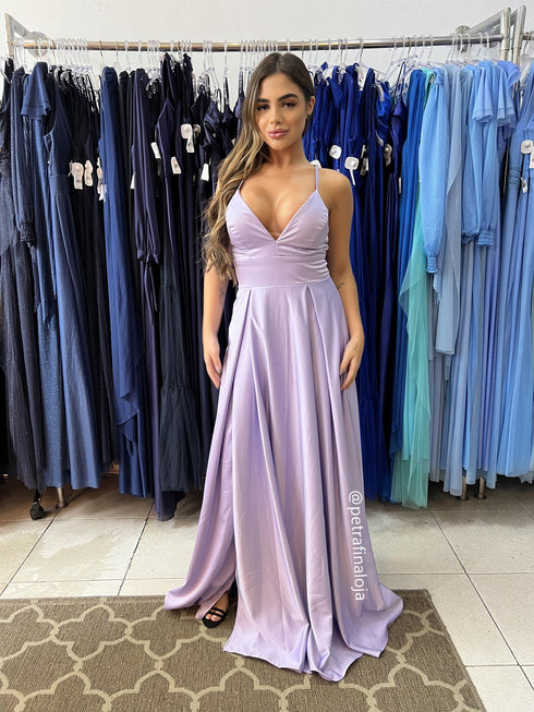 VESTIDO ALCINHA COM DECOTE FENDA LISO VESTIDO DE FESTA PETRA FINA